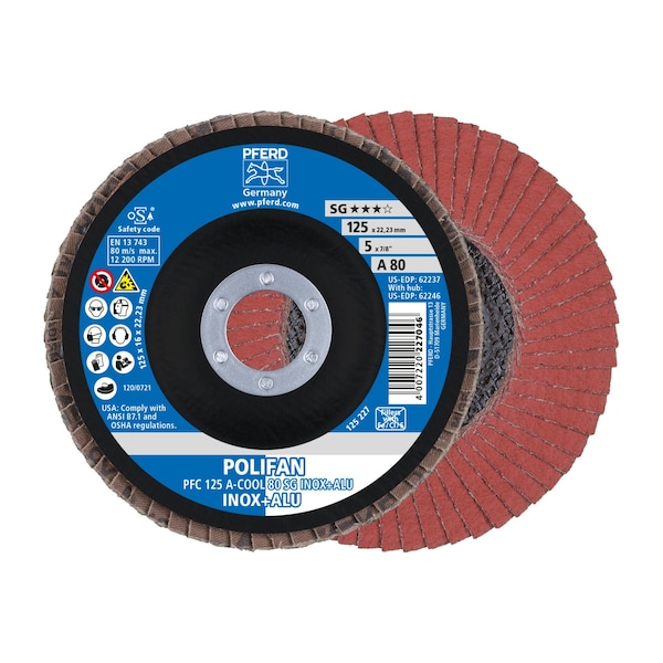 Pferd 5" x 7/8" A.H. POLIFAN Flap Disc - A-COOL SG INOX+ALU, Aluminum oxide, 80 Grit, Conical 62237 - main